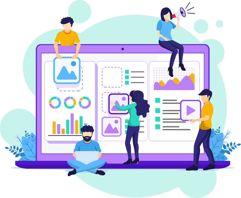 4 people putting together a video marketing strategy on a laptop