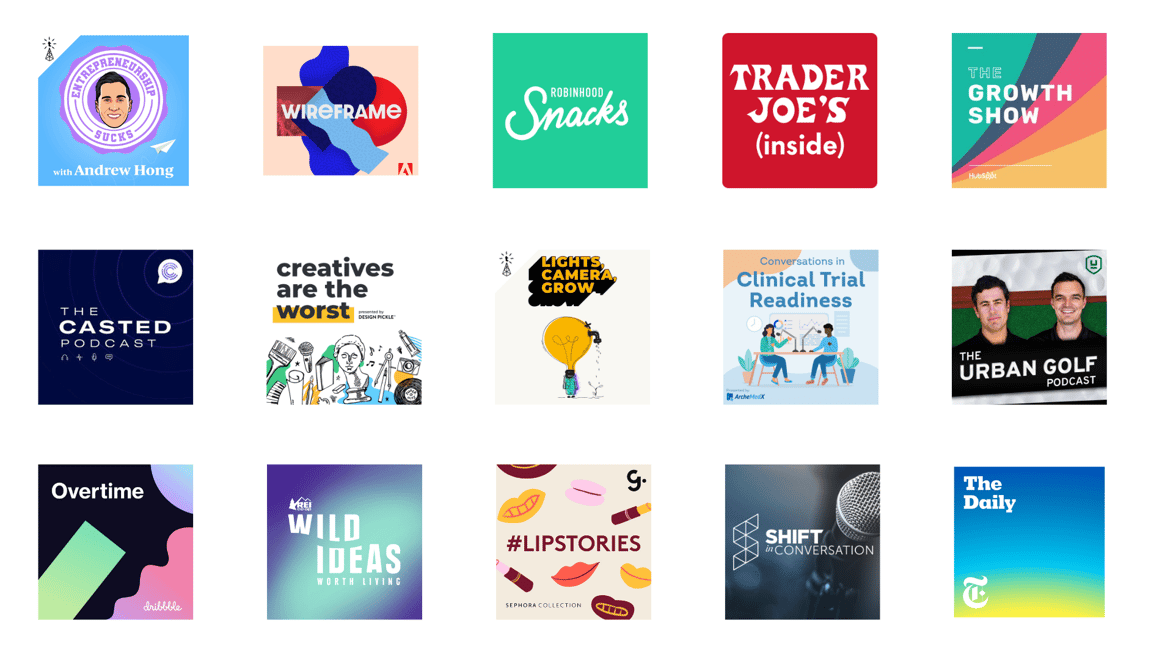 Image with podcast album covers, including lights, camera grow, the daily, robinhood snacks, and more