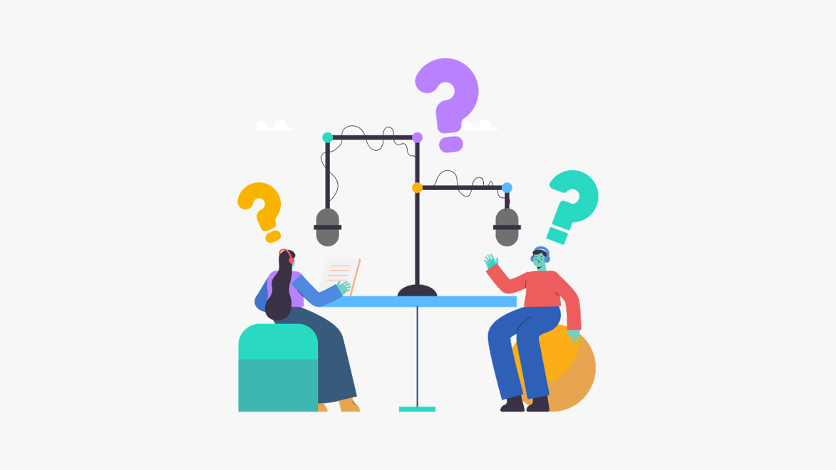 Two characters recording a podcast, with question marks above their heads