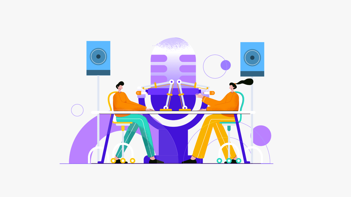 Vector image of two people talking for a podcast, and a large microphone in between them