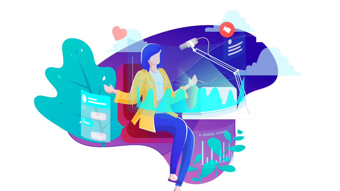 A lady podcasting and recording as a way to generate leads and prospects