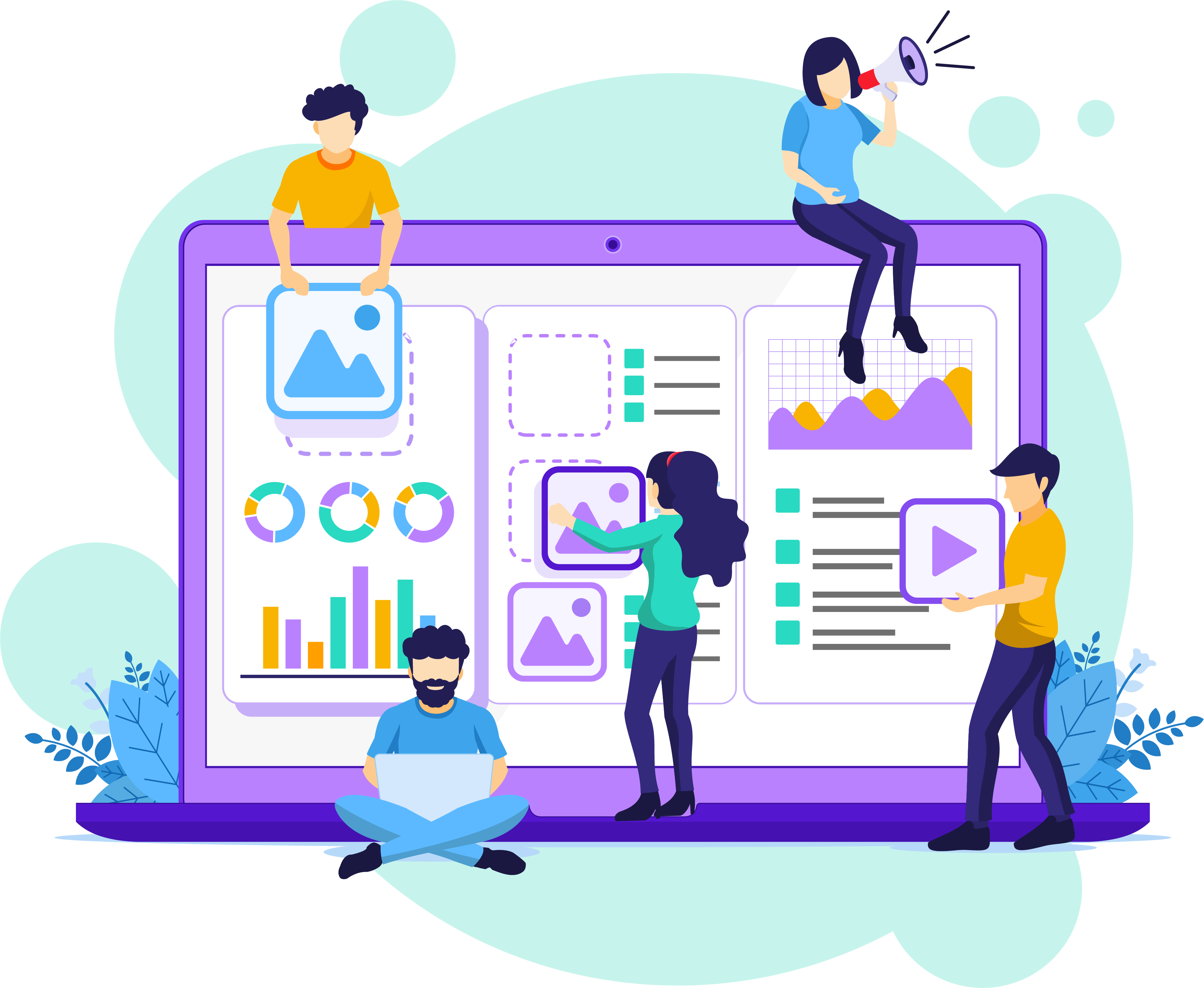 4 people putting together a video marketing strategy on a laptop
