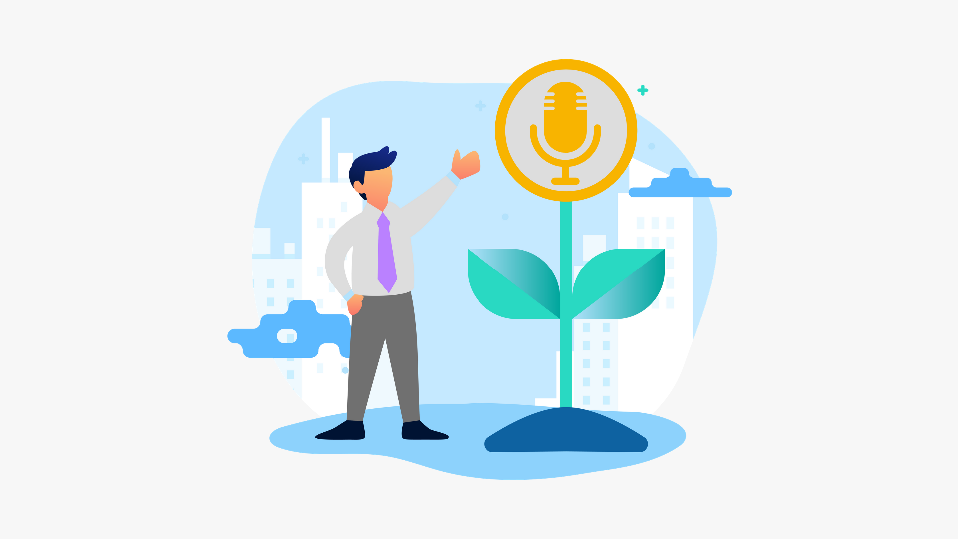 A man beckoning at a podcast microphone growing like a flower