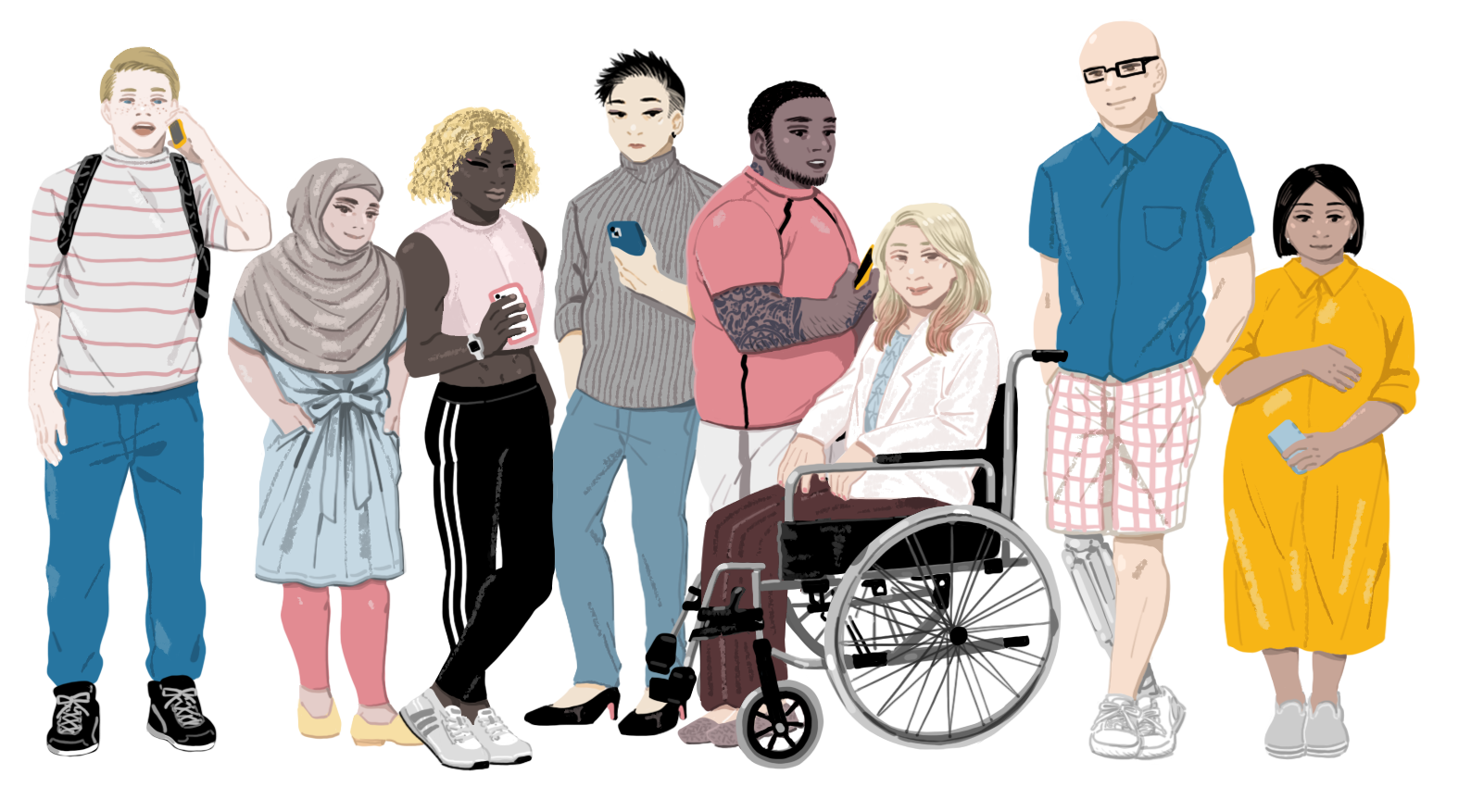 A diverse group of people standing together, with one lady on a wheelchair