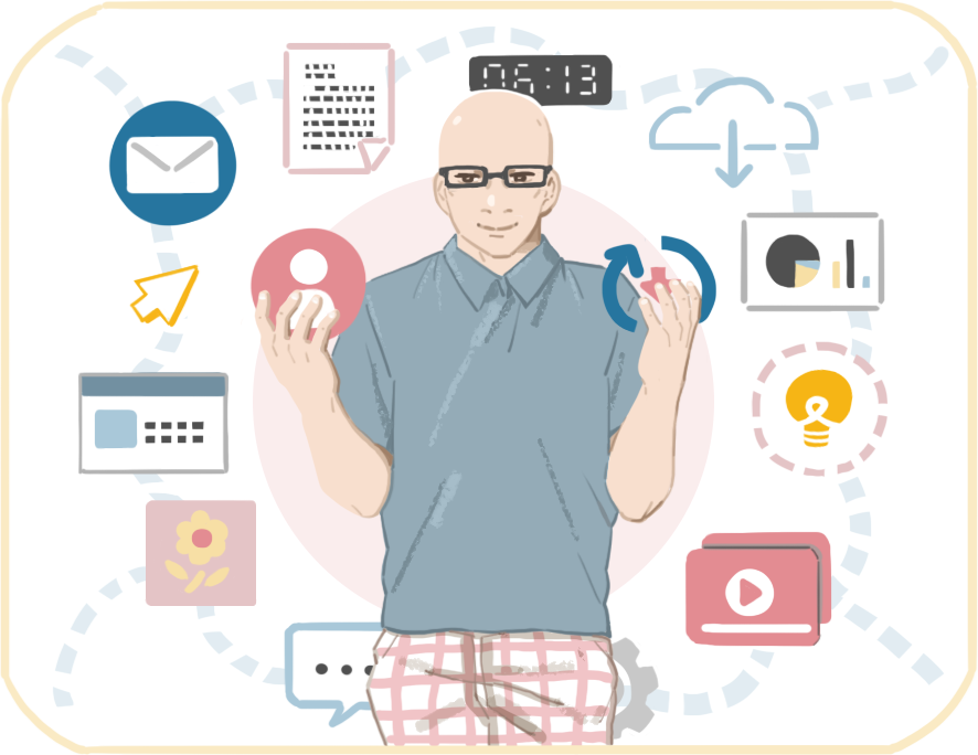 Graphic of a man working and thinking different technologies