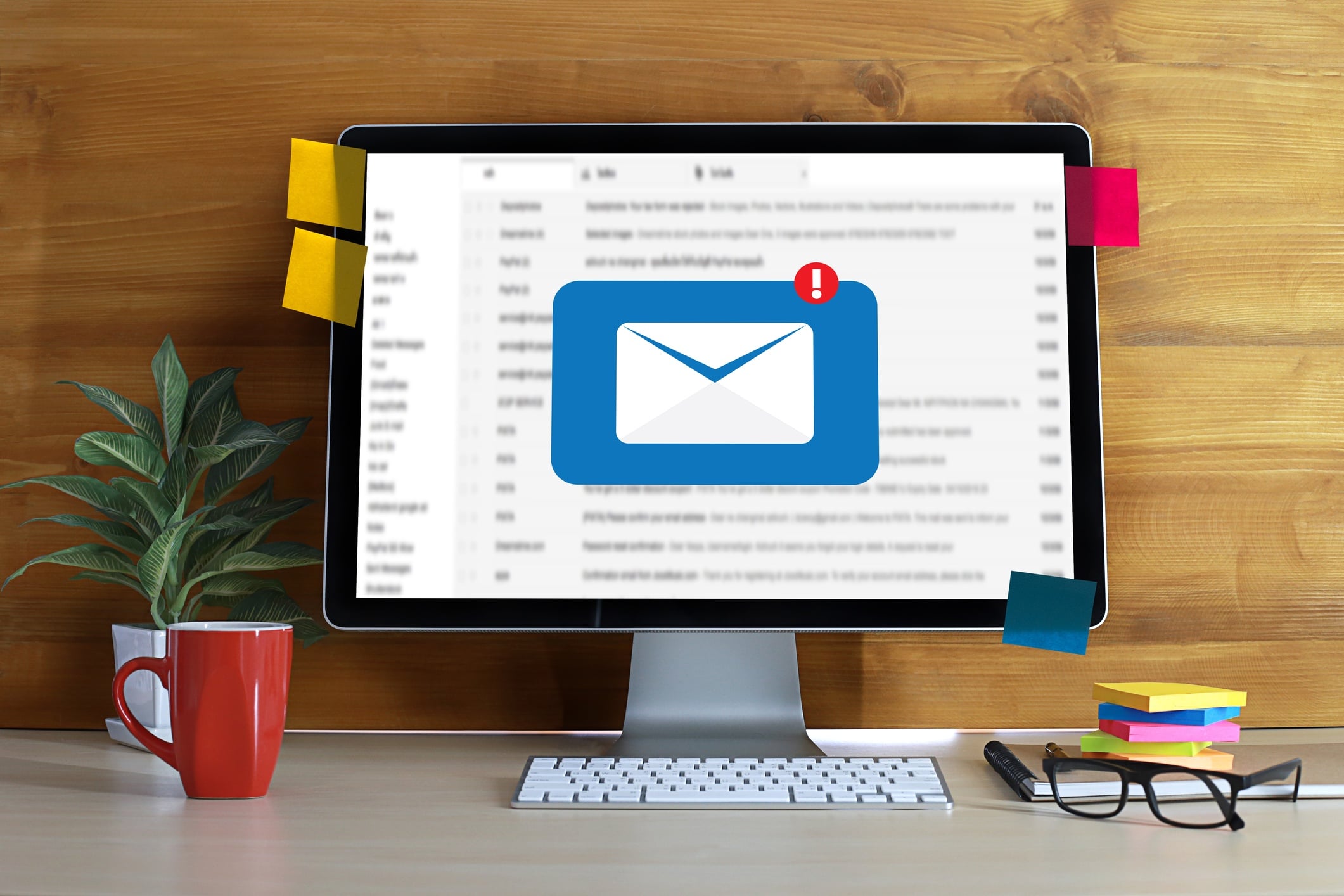 A work desk with a monitor that shows a successful email automation strategy